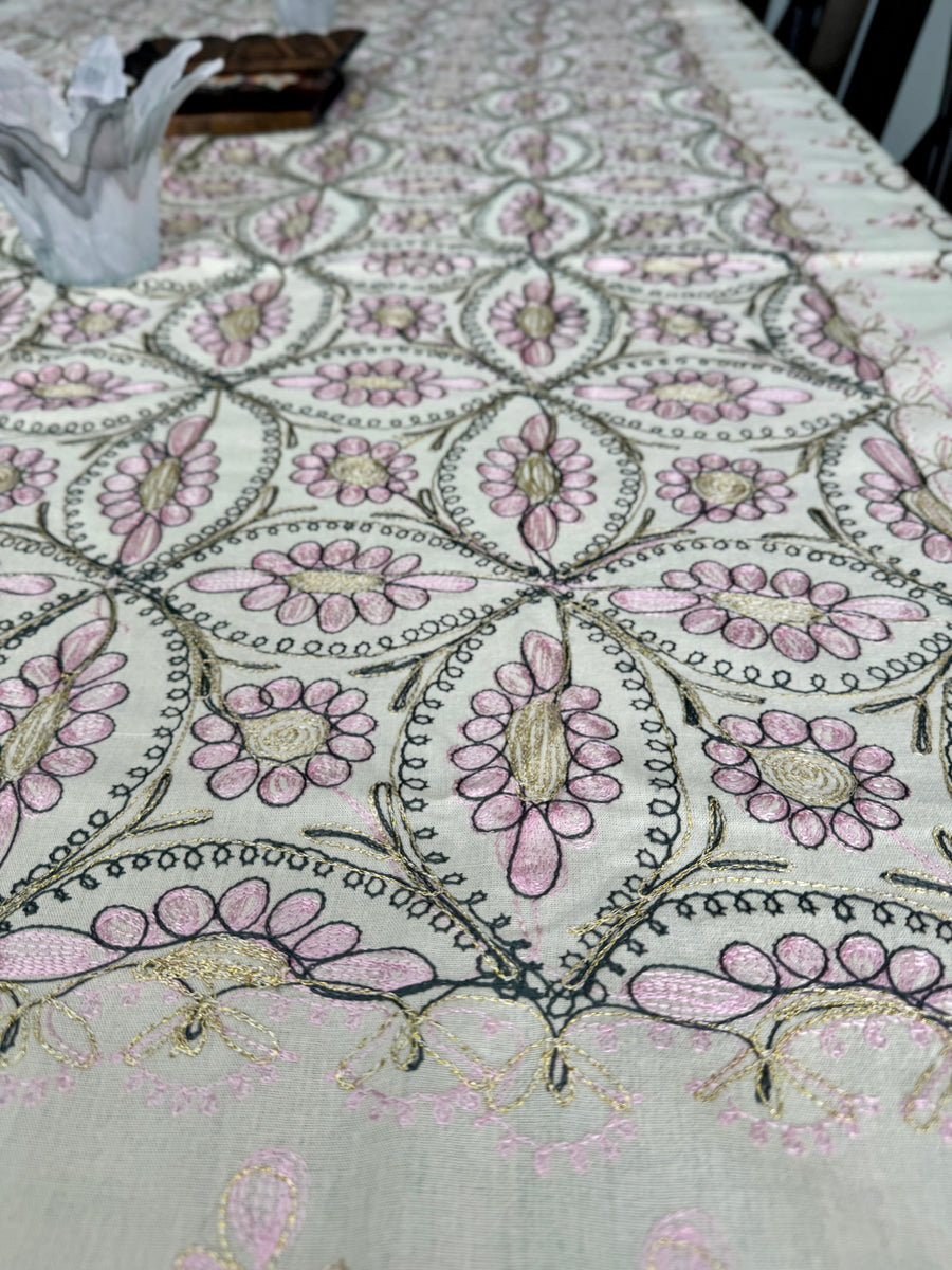 Table cloth: offers 94 x 59”Approx Aghabani Oriental for Rectangle Tables, White background with Gray and White Silk Embroiderment Tablecover