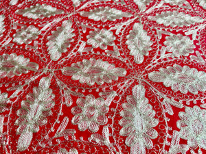 Table Cover: 156 x 78 inches Approx’. Aghabani Oriental for Rectangle Tables, Red background with Gold Silk Embroidery