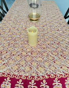 Table Cover: 135 x 78 inches Approx’. Aghabani Oriental for Rectangle Tables, Burgundy background with Gold & White Silk Embroidery