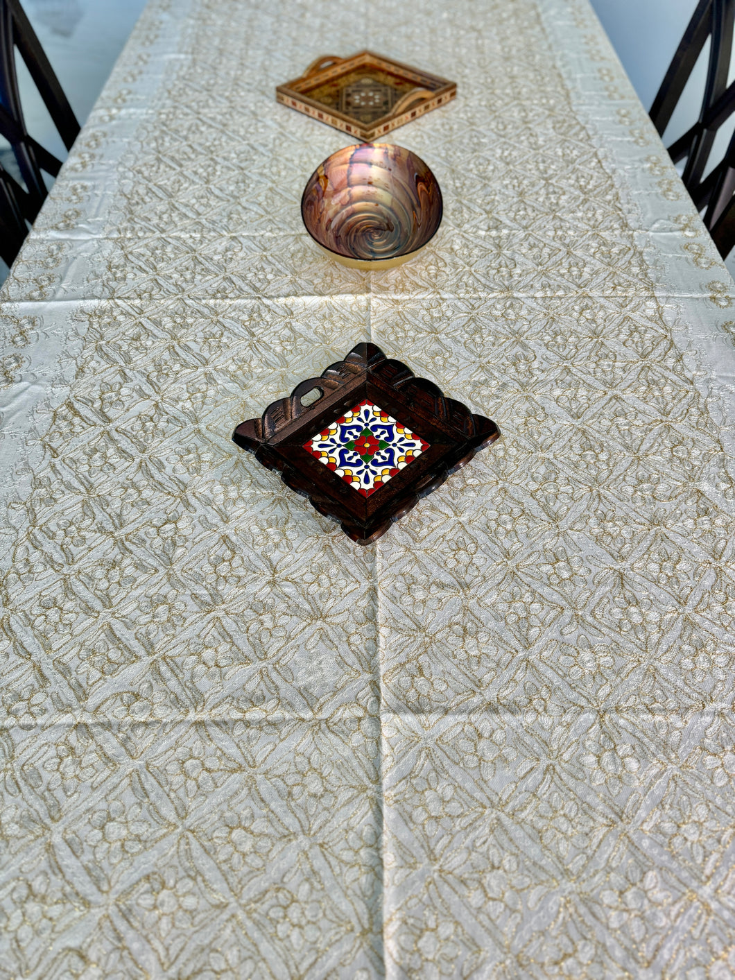 Table Cover: 117 x 58 inches Approx'. Aghabani Oriental for Rectangle Tables, Beige background with White and Gold Silk Embroidery