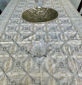 Table Cover: 135 x 59 inches Approx’. Aghabani Oriental for Rectangle Tables, Beige background with Beige & Gray Silk Embroidery