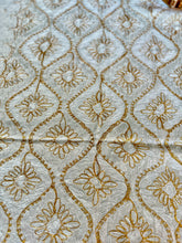 Load image into Gallery viewer, Table Cover: 135 x 59 inches Approx’. Aghabani Oriental for Rectangle Tables, Beige background with White &amp; Gold Silk Embroidery
