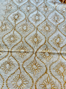 Table Cover: 135 x 59 inches Approx’. Aghabani Oriental for Rectangle Tables, Beige background with White & Gold Silk Embroidery