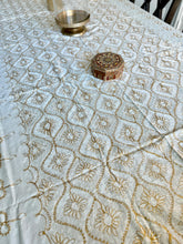 Load image into Gallery viewer, Table Cover: 135 x 59 inches Approx’. Aghabani Oriental for Rectangle Tables, Beige background with White &amp; Gold Silk Embroidery
