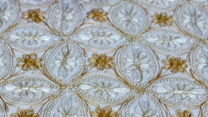 Table Cover: 117 x 69 inches Approx'. Aghabani Oriental for Rectangle Tables, White background with White and Gold Silk Embroidery