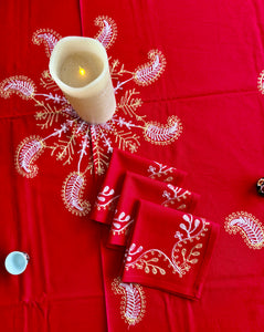 Round Table Cover. Diameter: 78 inches Approx'. Aghabani Oriental for Round Tables. Red background with Gold & White Silk