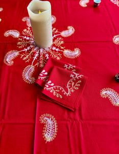 Round Table Cover. Diameter: 78 inches Approx'. Aghabani Oriental for Round Tables. Red background with Gold & White Silk