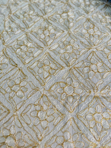 Table Cover: 117 x 58 inches Approx'. Aghabani Oriental for Rectangle Tables, Beige background with White and Gold Silk Embroidery