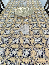 Load image into Gallery viewer, Table Cover: 135 x 78 inches Approx’. Aghabani Oriental for Rectangle Tables, Navy Blue background with Gold &amp; White Silk Embroidery
