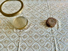 Load image into Gallery viewer, Table Cover: 135 x 59 inches Approx’. Aghabani Oriental for Rectangle Tables, Beige background with White &amp; Gold Silk Embroidery
