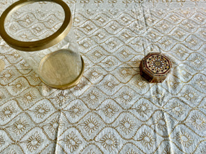 Table Cover: 135 x 59 inches Approx’. Aghabani Oriental for Rectangle Tables, Beige background with White & Gold Silk Embroidery