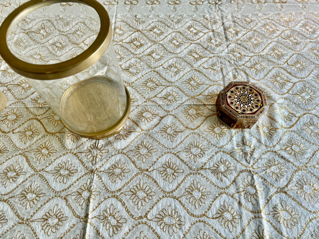 Table Cover: 135 x 59 inches Approx’. Aghabani Oriental for Rectangle Tables, Beige background with White & Gold Silk Embroidery