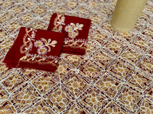 Load image into Gallery viewer, Table Cover: 135 x 78 inches Approx’. Aghabani Oriental for Rectangle Tables, Burgundy background with Gold &amp; White Silk Embroidery
