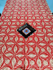 Table Cover: 156 x 78 inches Approx’. Aghabani Oriental for Rectangle Tables, Red background with Gold Silk Embroidery