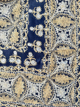 Load image into Gallery viewer, Table Cover: 135 x 78 inches Approx’. Aghabani Oriental for Rectangle Tables, Navy Blue background with Gold &amp; White Silk Embroidery
