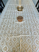 Load image into Gallery viewer, Table Cover: 135 x 59 inches Approx’. Aghabani Oriental for Rectangle Tables, Beige background with White &amp; Gold Silk Embroidery
