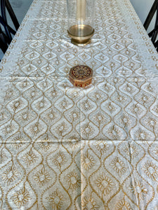 Table Cover: 135 x 59 inches Approx’. Aghabani Oriental for Rectangle Tables, Beige background with White & Gold Silk Embroidery