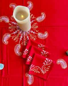 Round Table Cover. Diameter: 78 inches Approx'. Aghabani Oriental for Round Tables. Red background with Gold & White Silk