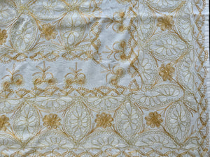 Table Cover: 117 x 69 inches Approx'. Aghabani Oriental for Rectangle Tables, White background with White and Gold Silk Embroidery