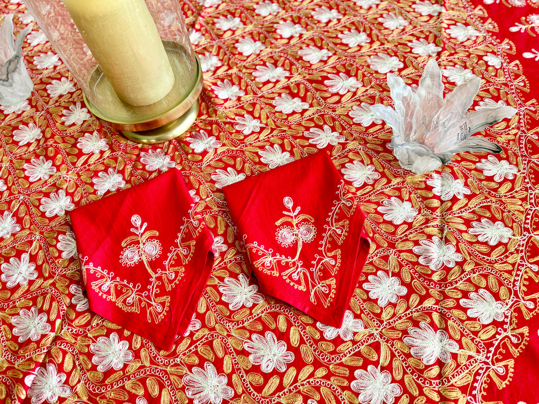 Round Table Cover. Diameter: 78 inches Approx'. Aghabani Oriental for Round Tables. Red background with Gold & White Silk