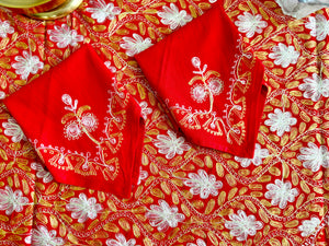 Round Table Cover. Diameter: 78 inches Approx'. Aghabani Oriental for Round Tables. Red background with Gold & White Silk