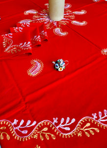 Round Table Cover. Diameter: 78 inches Approx'. Aghabani Oriental for Round Tables. Red background with Gold & White Silk