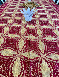 Table Cover: 117 x 58 inches Approx'. Aghabani Oriental for Rectangle Tables, Burgundy background with Burgundy and Gold Silk Embroidery