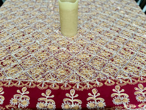 Table Cover: 135 x 78 inches Approx’. Aghabani Oriental for Rectangle Tables, Burgundy background with Gold & White Silk Embroidery