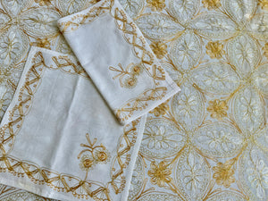 Table Cover: 117 x 69 inches Approx'. Aghabani Oriental for Rectangle Tables, White background with White and Gold Silk Embroidery