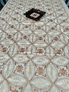 Table Cover: 117 x 67 inches Approx’. Aghabani Oriental for Rectangle Tables, Beige background with Brown and Beige Silk Embroidery