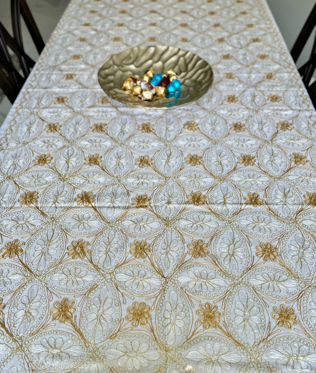 Table Cover: 117 x 69 inches Approx'. Aghabani Oriental for Rectangle Tables, White background with White and Gold Silk Embroidery