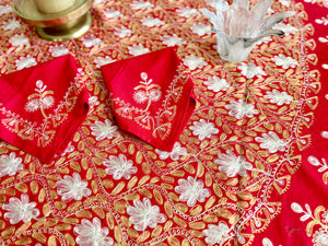 Round Table Cover. Diameter: 78 inches Approx'. Aghabani Oriental for Round Tables. Red background with Gold & White Silk