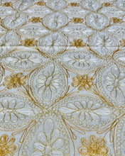 Load image into Gallery viewer, Table Cover: 117 x 69 inches Approx&#39;. Aghabani Oriental for Rectangle Tables, White background with White and Gold Silk Embroidery
