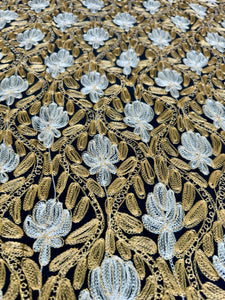 Table Cover: 117 x 75 inches Approx'. Aghabani Oriental for Rectangle Tables, Black background with Gold and White Silk Embroidery