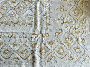 Table Cover: 135 x 59 inches Approx’. Aghabani Oriental for Rectangle Tables, Beige background with White & Gold Silk Embroidery