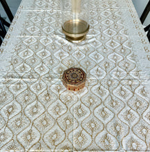 Load image into Gallery viewer, Table Cover: 135 x 59 inches Approx’. Aghabani Oriental for Rectangle Tables, Beige background with White &amp; Gold Silk Embroidery
