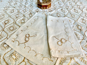 Table Cover: 135 x 59 inches Approx’. Aghabani Oriental for Rectangle Tables, Beige background with White & Gold Silk Embroidery