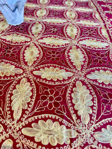 Table Cover: 117 x 58 inches Approx'. Aghabani Oriental for Rectangle Tables, Burgundy background with Burgundy and Gold Silk Embroidery