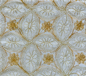 Table Cover: 117 x 69 inches Approx'. Aghabani Oriental for Rectangle Tables, White background with White and Gold Silk Embroidery