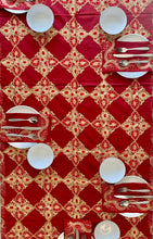 Load image into Gallery viewer, Silk Organza Tables Cover: 94 x 59 inches approx. Red background with Red &amp; Gold embroidery
