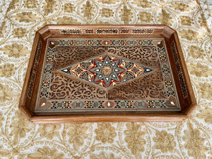 Wooden Mosaic Tray inlaid with Mother of Pearl. L 17.8 in W 12.2 in.