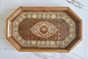 Wooden Mosaic Tray inlaid with Mother of Pearl. L 18.2 in W 11.0 in.