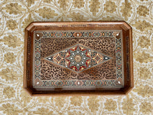 Load image into Gallery viewer, Wooden Mosaic Tray inlaid with Mother of Pearl. L 17.8 in W 12.2 in.
