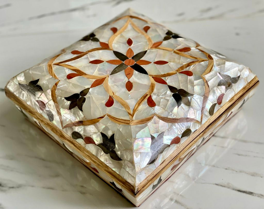 Large Sized Pearl Handmade Mosaic Box. Size: 10 x 10 inches