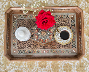 Wooden Mosaic Tray inlaid with Mother of Pearl. L 17.8 in W 12.2 in.