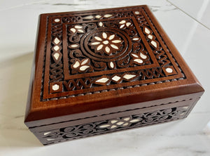 Jewelry Mosaic Handcrafted Wooden Box inlaid w/ Mother of Pearl