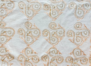 Table Cover: 117 x 58 inches Approx'. Aghabani Oriental for Rectangle Tables, White background with White and Peach Silk Embroidery