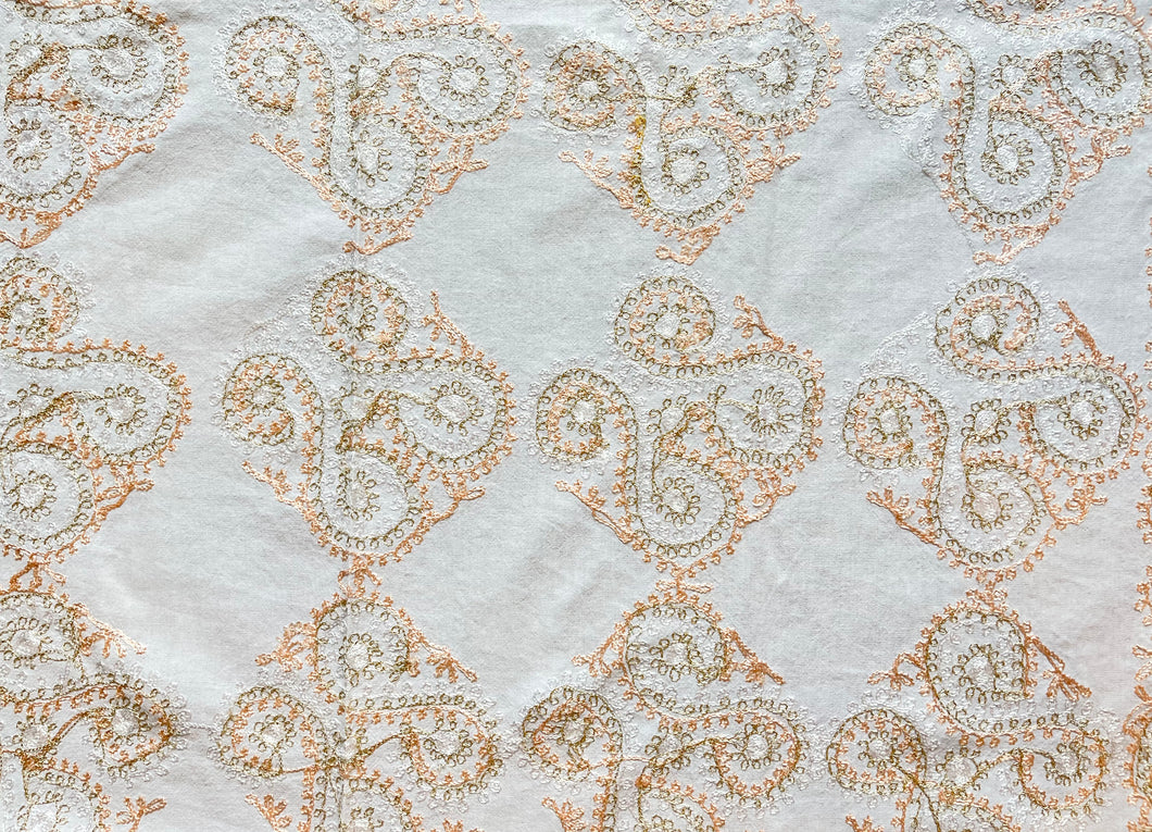 Table Cover: 117 x 58 inches Approx'. Aghabani Oriental for Rectangle Tables, White background with White and Peach Silk Embroidery