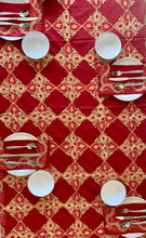 Load image into Gallery viewer, Silk Organza Tables Cover: 94 x 59 inches approx. Red background with Red &amp; Gold embroidery
