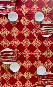 Silk Organza Tables Cover: 94 x 59 inches approx. Red background with Red & Gold embroidery